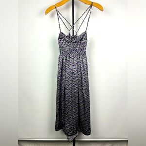 Anne Leman Black Purple Peacock Feather‎ Print Strappy 100% Silk Flowy Dress